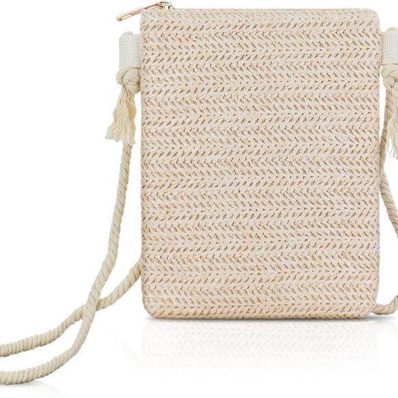 Stylish Straw and Polyester Beige Crossbody Cell Phone Purse with Detachable Rop - Picture 1 of 6
